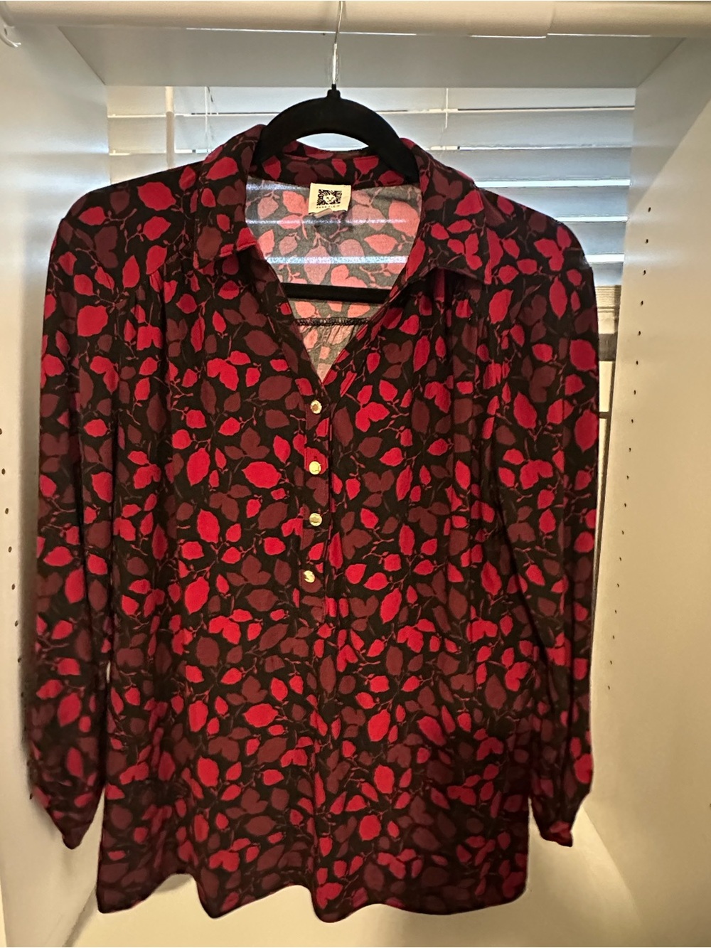 Anne Klein Red and Black Leaf-Print Button Front Blouse